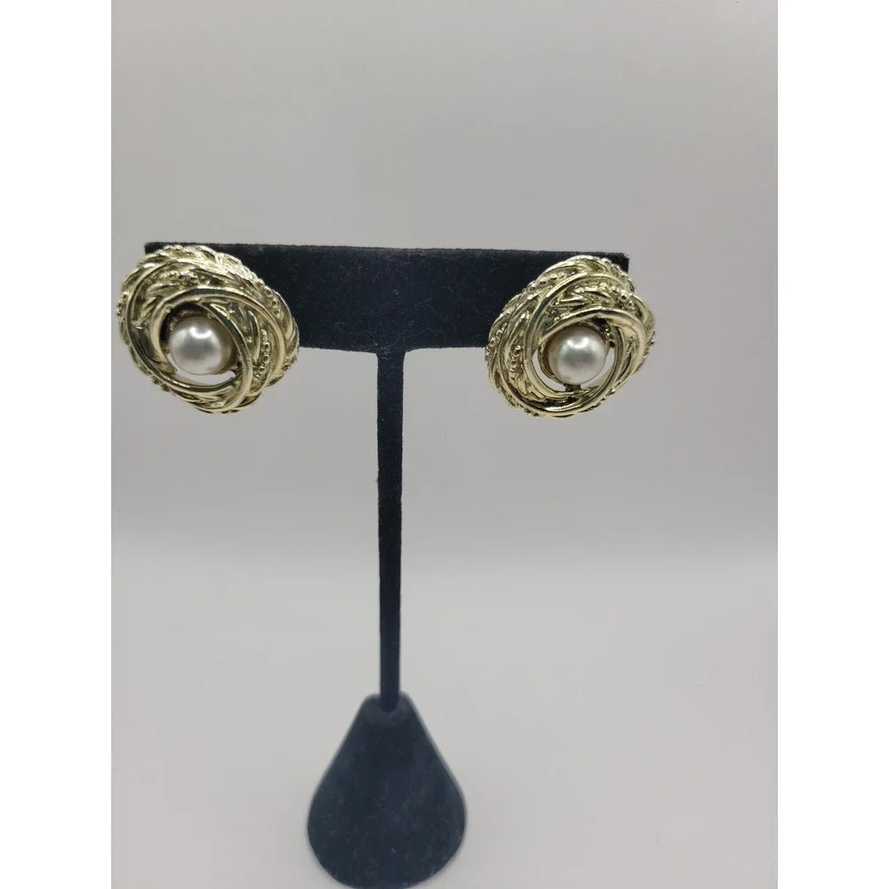 Gold Tone Swirl Knot Faux Pearl Stud Earrings Vintage Textured Rope Post Earring